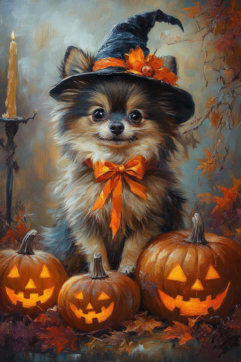 May include: A Pomeranian dog wearing a witch's hat and orange bow tie sits before three carved pumpkins with lit faces. The dog is surrounded by autumn leaves, creating a Halloween theme.