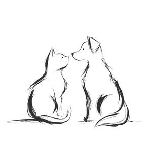 Puede incluir: Un dibujo de líneas en blanco y negro de un gato y un perro sentados frente a frente. La ilustración utiliza trazos sencillos y expresivos para definir las siluetas de los dos animales, capturando sus perfiles mientras se miran el uno al otro.