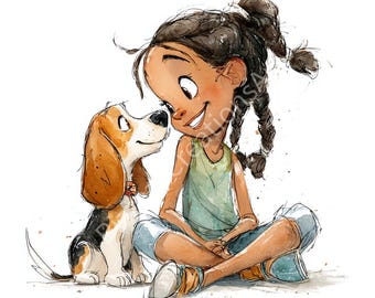 16 Whimsical Girl & Dog Love Clipart, Sweet Puppy Pet Friends Graphics, Printable Watercolor, High-Quality JPGs, Paper Craft, Junk Journal