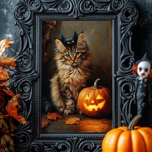 May include: A framed Halloween picture showing a tabby cat with a bat headpiece, a carved pumpkin, and autumn leaves. The frame is black and ornate. A small doll is in the background.
