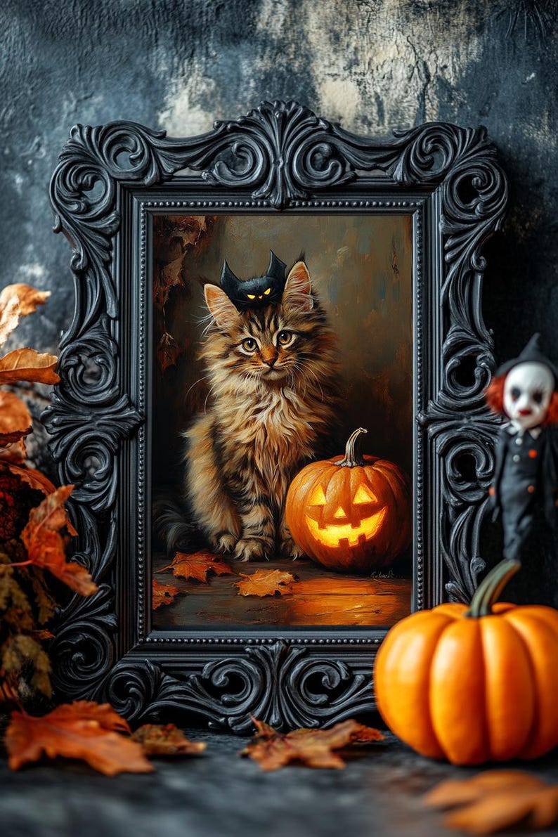 May include: A framed Halloween picture showing a tabby cat with a bat headpiece, a carved pumpkin, and autumn leaves. The frame is black and ornate. A small doll is in the background.