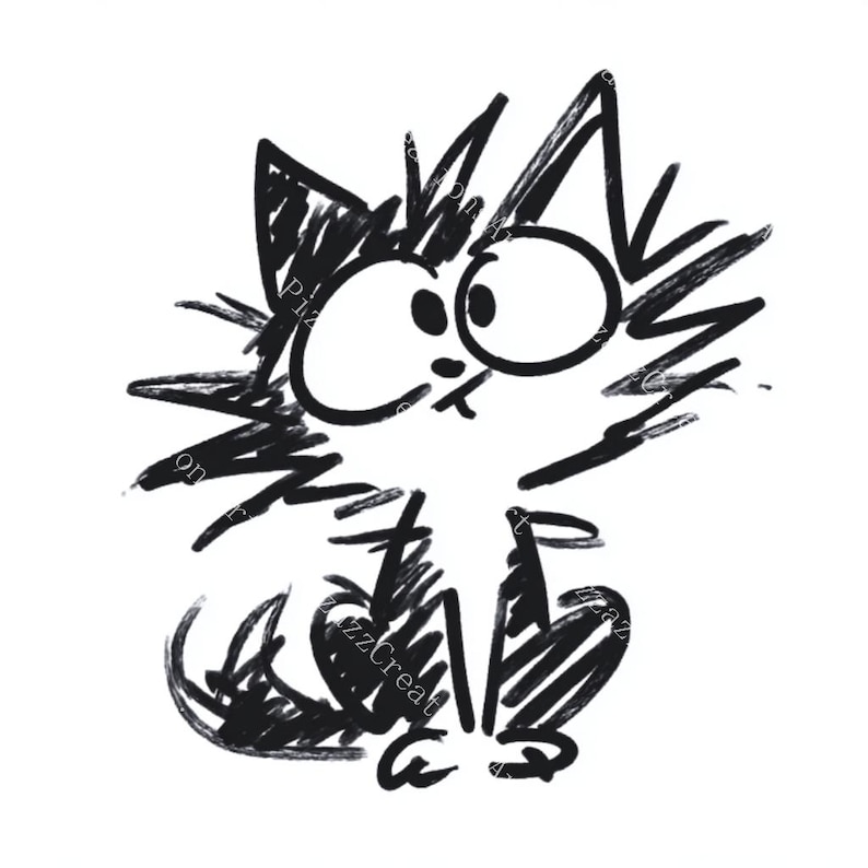 May include: A black and white cartoon illustration of a cat with large, expressive eyes. The cat is drawn with thick, sketchy lines, giving it a playful and whimsical appearance. The cat is sitting upright, with its tail curled.