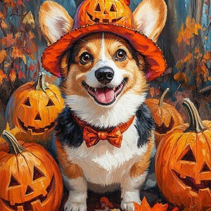 May include: A corgi dog wearing a pumpkin hat and bow tie, surrounded by carved pumpkins and autumn leaves. The dog has a black, white, and brown coat. The pumpkins are orange. The background is a forest with autumnal colours.