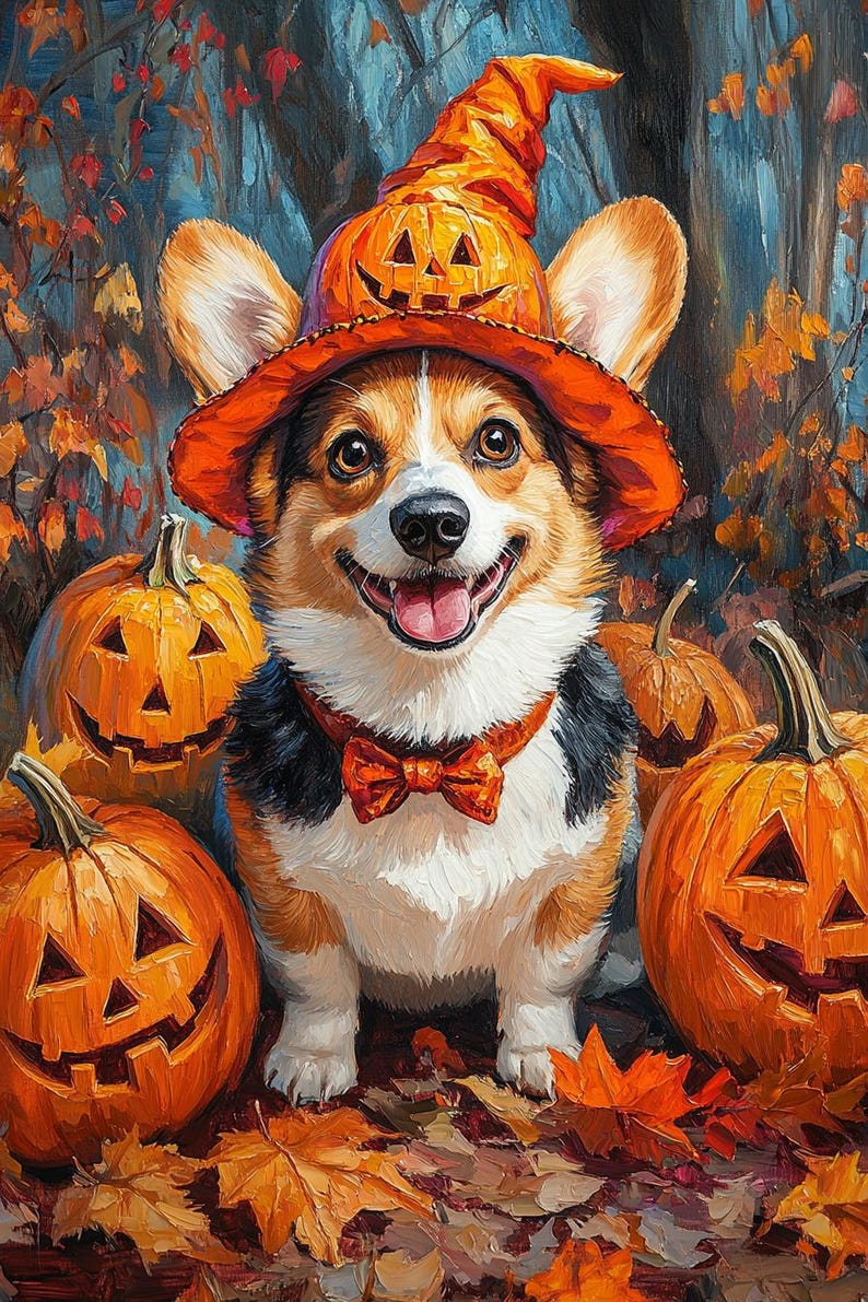 May include: A corgi dog wearing a pumpkin hat and bow tie, surrounded by carved pumpkins and autumn leaves. The dog has a black, white, and brown coat. The pumpkins are orange. The background is a forest with autumnal colours.