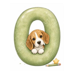 Könnte beinhalten: Ein großer, salbeigrüner Buchstabe O mit einer texturierten, abgerundeten Optik. Ein kleiner Beagle-Welpe mit braun-weißem Fell schaut durch die Mitte des Buchstabens. Ein kleiner gelber Stern und ein grüner Stift befinden sich unten rechts.