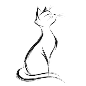 May include: A black and white illustration of a cat in a seated position, looking upwards. The cat's form is created with thick brushstrokes, giving it a textured appearance. The cat has closed eyes and a curved tail.
