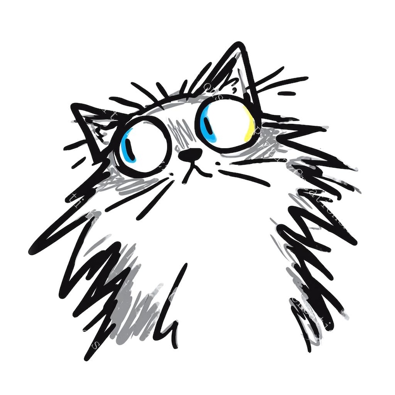 May include: A whimsical cartoon illustration of a cat with wide, surprised eyes. The cat's fur is depicted with scribbled gray and black lines, and its eyes are blue with yellow highlights. The cat's expression is one of wide-eyed wonder.