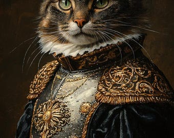 Custom Renaissance Pet Portrait: Royal Cat Painting in Barque Oil Style, Personalized Pet, Portrait from Photo, Custom Pet Portrait