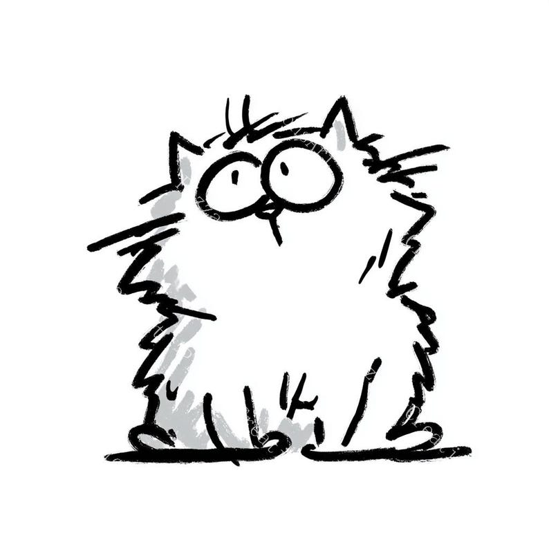 May include: A black and white cartoon illustration of a fluffy cat with wide eyes and a surprised expression. The cat's fur is depicted with sketchy lines, giving it a textured appearance. The cat is sitting upright.