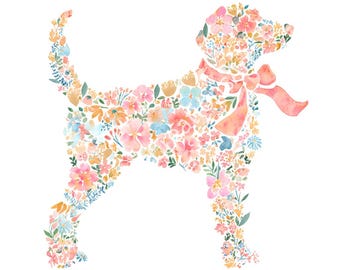 May include: A silhouette of a dog filled with a watercolor floral pattern in shades of pink, orange, yellow, and blue. The dog is wearing a soft pink ribbon tied in a bow around its neck, with the floral design forming the body shape.