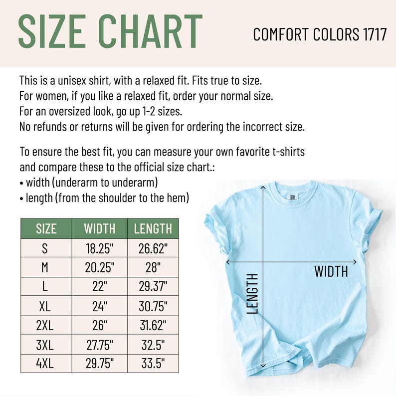 May include: A size chart for a unisex t-shirt, with measurements in inches. The chart includes sizes S to 4XL, with corresponding width and length measurements. The shirt is light blue, and the text "COMFORT COLORS 1717" is visible.