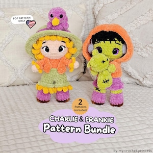 May include: Two crochet dolls, Charlie and Frankie, are featured in this pattern bundle. Charlie wears a green hat with a purple bird on top, an orange jacket, and green pants. Frankie has green skin, an orange hoodie, and holds a small green toy.