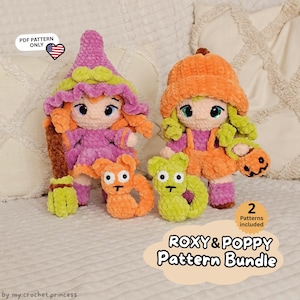 May include: Two crocheted dolls and two small crocheted animals. One doll wears a purple witch hat and dress with a broom, the other wears an orange pumpkin hat and overalls. Text reads: PDF PATTERN ONLY, 2 Patterns included, ROXY & POPPY Pattern Bundle.