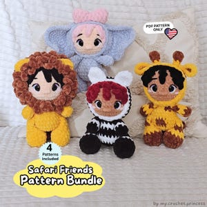 Könnte beinhalten: Vier handgefertigte Häkelpuppen mit tierischen Outfits: ein Löwe, ein Elefant, ein Zebra und eine Giraffe. Der Text lautet PDF PATTERN ONLY, 4 Patterns included, Safari Friends Pattern Bundle und by my.crochet.princess.