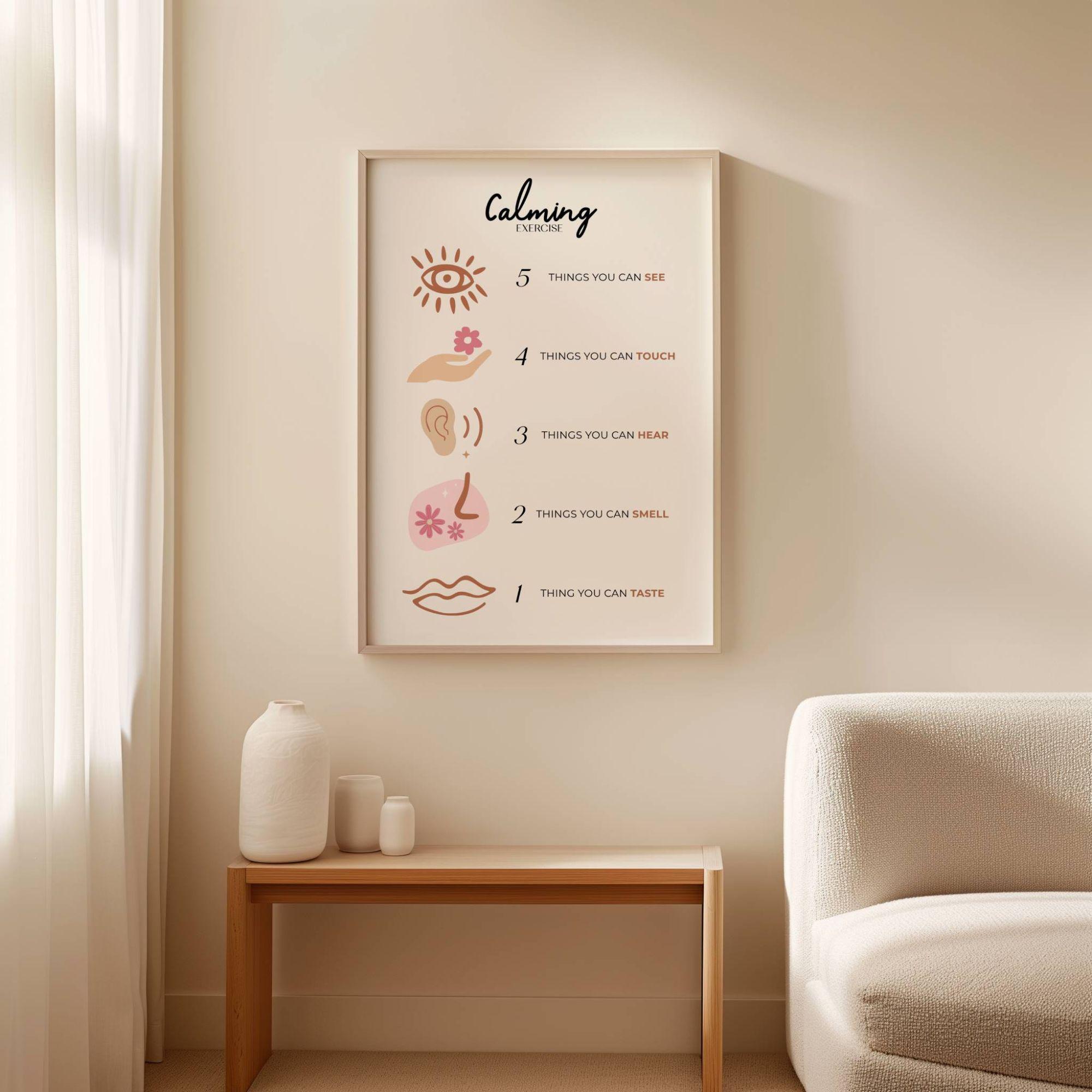 Calming Exercises Mindfulness Printable Wall Art, 5 Senses Grounding ...