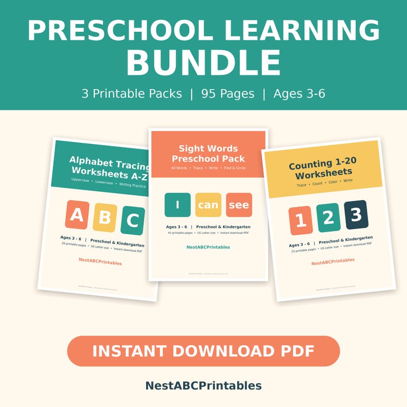 Preschool Learning Bundle, Alphabet Tracing, Sight Words and Counting 1 ...