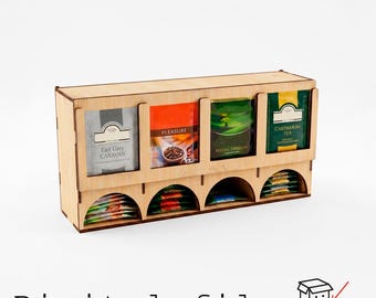 Laser Cut Tea Bag Organizer SVG | 4 Compartment Tea Box | Tea Bag Holder & Box Display | Kitchen Counter Storage | Wood Laser Cut File