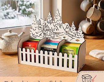 Christmas Village Tea Organizer – Digital Laser Cut Shelf with 3 Compartments (3mm Material)