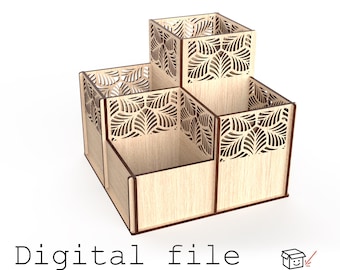 Organizador de escritorio con hojas talladas – Diseño digital cortado a láser (4 compartimentos, material de 3 mm y 1/8")