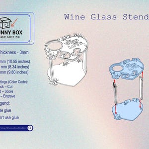 May include: A laser-cut wine glass stand with a heart-shaped base and a top piece that reads "Wine, Wine, Love". The stand is 10.55 inches wide, 8.34 inches high, and 9.80 inches deep. The stand is made of 3mm thick material.