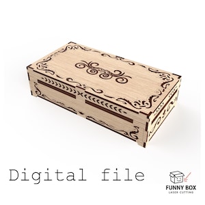 May include: A light-colored wooden box with intricate laser-cut designs. The box features decorative patterns on the lid and sides, with the text "Digital file" at the bottom. The box is a digital file for laser cutting.