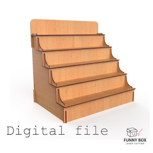 May include: A wooden display stand with five stepped shelves. The stand is made of light brown wood with a natural grain. The text "Digital file" is at the bottom, along with a logo for "FUNNY BOX LASER CUTTING".