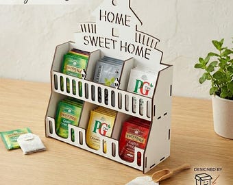 Laser Cut Tea Bag Organizer – House Shape, "Home Sweet Home" Sign (Digital Download)