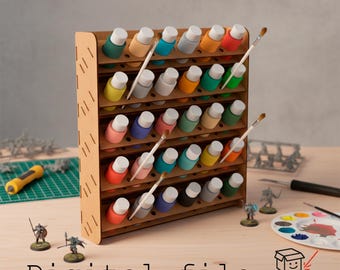 Espositore per vernice acrilica a 5 ripiani con slot per pennelli – File digitale tagliato al laser (materiale da 3 mm, montaggio a parete o su scrivania)