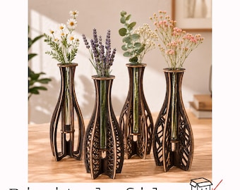 Laser Cut Flower Vase SVG Bundle | 4 Wooden Test Tube Vase Designs | Glowforge File | CNC Laser Cutting Pattern | Floral Holder SVG