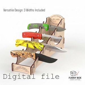 May include: A wooden knife display stand holding four knives with different handle colours: green, red, yellow, and brown. The stand has a Celtic knot design and the text "Digital file". The text "Versatile Design: 3 Widths Included" is also visible.