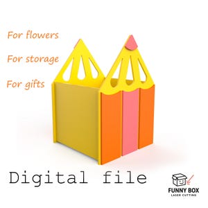 May include: A colorful pencil-shaped container with yellow, orange, and pink accents. The text "For flowers, For storage, For gifts" is displayed. The words "Digital file" are also visible.