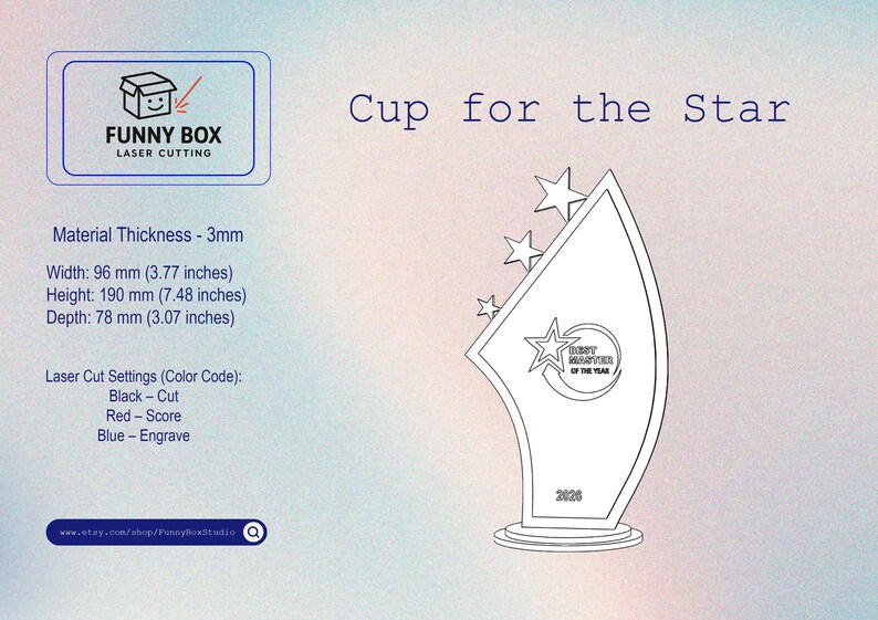 K&ouml;nnte beinhalten: Ein lasergeschnittenes Troph&auml;endesign mit dem Text "Cup for the Star". Die Troph&auml;e zeigt ein Sterndesign und die Worte "Best Master of the Year" und das Jahr 2025. Die Troph&auml;e ist 96 mm breit, 190 mm hoch und 78 mm tief.
