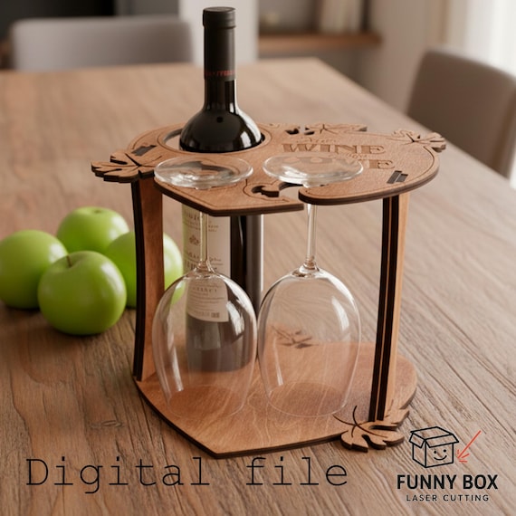 Wine Holder Template, Laser Cutting File for Romantic Gift Stand, Wine Bottle and Glasses Display
