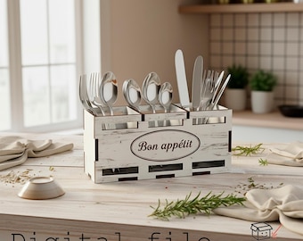 Rustic Utensil Organizer - 3-Compartment Caddy with “Bon Appétit” Engraving (Digital Laser Cut Design, 6 mm Material, Minimal Glue)