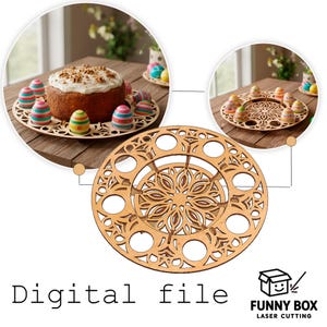May include: A laser-cut wooden Easter egg holder with a decorative floral design. The image shows the holder with painted Easter eggs and a cake. The text "Digital file" is visible.