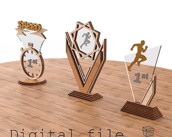 Set of 3 Running-Themed Award Trophies – Digital Laser Cut Design (3mm Material, 1/8 inch - read description)