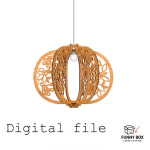 May include: A wooden pendant light fixture with an intricate floral design. The light fixture is suspended from a white cord and has a light bulb inside. The words "Digital file" are at the bottom.