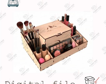 May include: A light-colored wooden makeup organizer with multiple compartments for brushes, palettes, and bottles. The top lid features a laser-engraved mountain design. Text reads: optimized for small laser machines and Digital file.