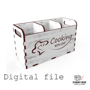 May include: A white wooden utensil holder with a distressed finish, featuring three compartments and handles. The front displays a chef's hat logo and the text "Cooking with Love." The words "Digital file" are at the bottom.