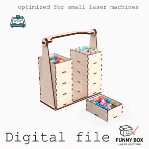 May include: A wooden organizer with multiple compartments and drawers, filled with colorful beads. The design includes a handle for carrying and is labeled "Digital file" and "optimized for small laser machines".