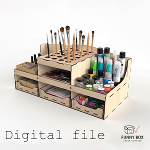 Può includere: Un organizer per artigianato in legno con più scomparti e cassetti. Contiene pennelli, vernici, barattoli, rocchetti di filo e altri materiali artistici. Il testo "Digital file" è visualizzato nella parte inferiore dell'immagine.