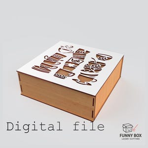 Puede incluir: Una caja de madera con tapa blanca con un diseño cortado con láser de tazas y platillos apilados. La caja tiene un acabado marrón claro y el texto "Digital file" es visible en la parte inferior. El logotipo de Funny Box está en la esquina inferior derecha.