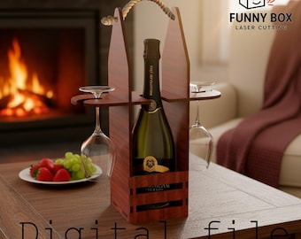 Wine Gift Holder SVG, Laser Cut Stand for Bottle and Glasses, Plywood Wine Rack, Wedding Decor, Gift Idea, 4mm & 6mm Materials
