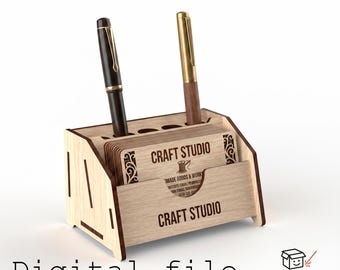 Business Card & Pen Holder - Digital Laser Cut Desk Organizer (3mm Material, 1/8 inch - read description)