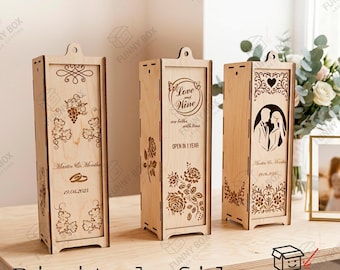 Wedding Wine Box Set with Laser Cut Romantic Designs, Personalized Gift for Weddings, Keepsakes, Heart, Doves, Couple Silhouette