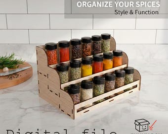 Modello per porta spezie tagliato al laser / Organizzatore a 3 livelli per 18 barattoli / File SVG DXF