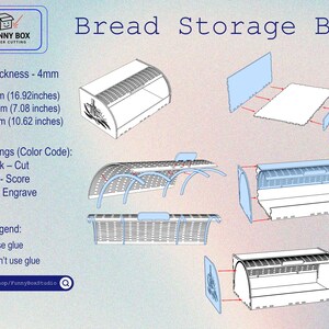 K&ouml;nnte beinhalten: Diagramm einer lasergeschnittenen Brotbox, wei&szlig; mit gew&ouml;lbtem Deckel und dekorativem Design. Abmessungen: 430 mm breit, 180 mm hoch und 270 mm tief. Enth&auml;lt Anweisungen und Farbcodes f&uuml;r die Montage.
