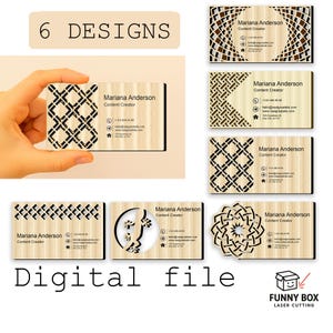 Op de afbeelding: Een verzameling van zes lasergesneden visitekaartontwerpen. De kaarten hebben ingewikkelde patronen en de naam "Mariana Anderson, Content Creator". De woorden "6 DESIGNS" en "Digital file" zijn ook zichtbaar.