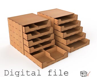 May include: Two wooden desk organizers with multiple pull-out trays. The organizers are made of light brown wood and are stacked in a tiered design. The text "Digital file" is at the bottom of the image, along with a logo.