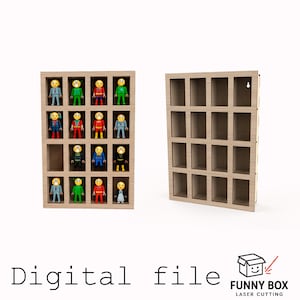 May include: Wooden display shelf with 16 compartments, filled with colorful toy figures. The shelf is light brown and has a rectangular shape. The words "Digital file" are at the bottom of the image.